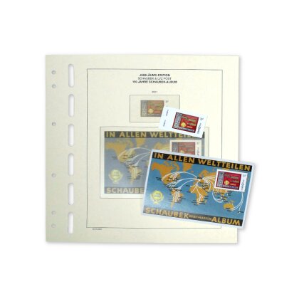 Vordruckblatt zum Jubiläum 150 Jahre Schaubek-Album mit Marke und Block, postfrisch